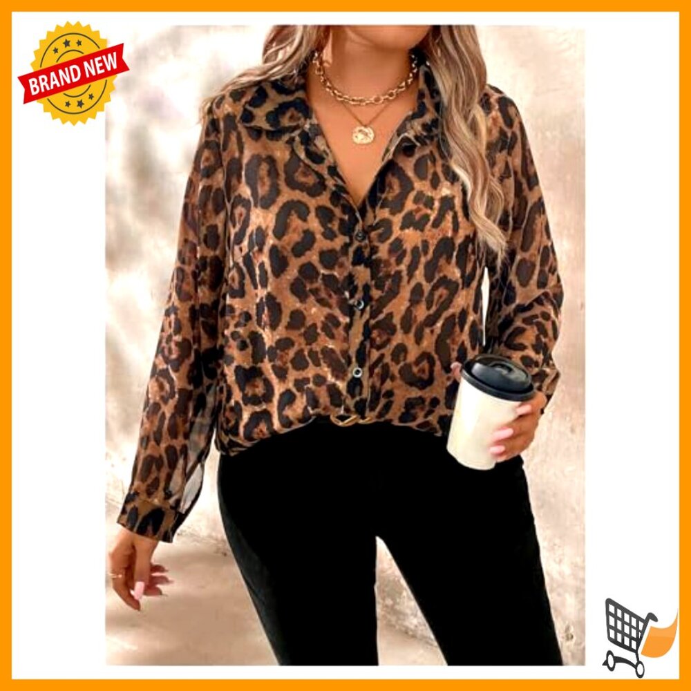 Plus Size Leopard Print Button Down Blouse Long S… - image 5